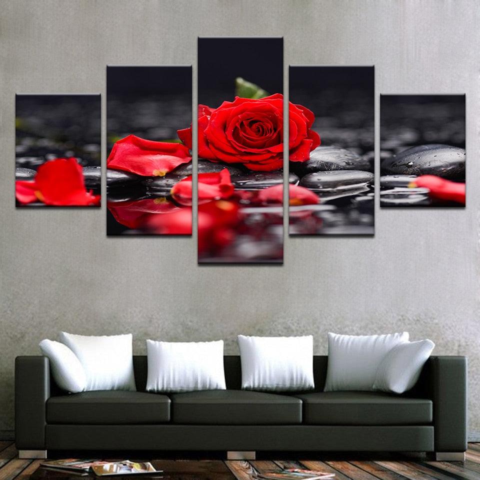Red Rose In The Water 5 Panel Canvas Print Wall Art - GotItHere.com