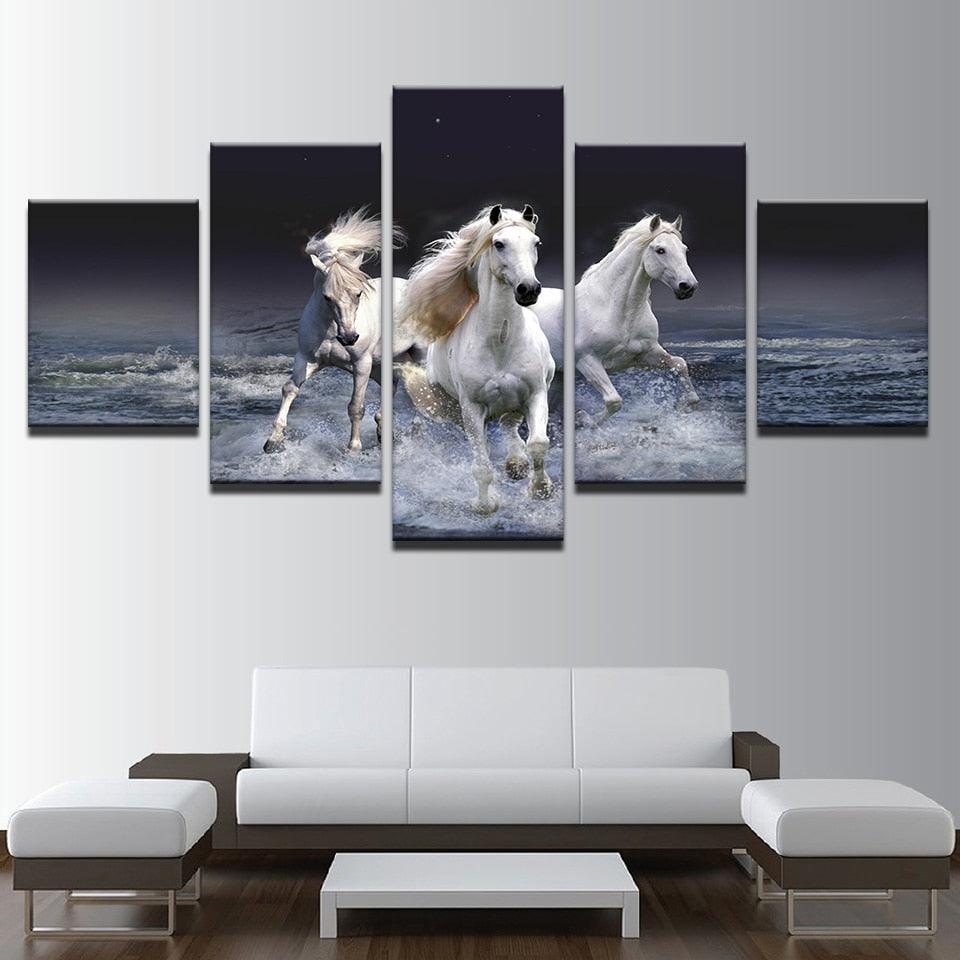 White Horses Running In Water 5 Panel Canvas Print Wall Art - GotItHere.com