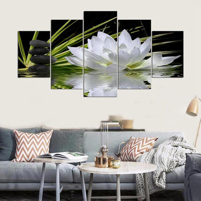 White Lotus Flower Balancing Stones Water 5 Panel Canvas Print Wall Art - GotItHere.com