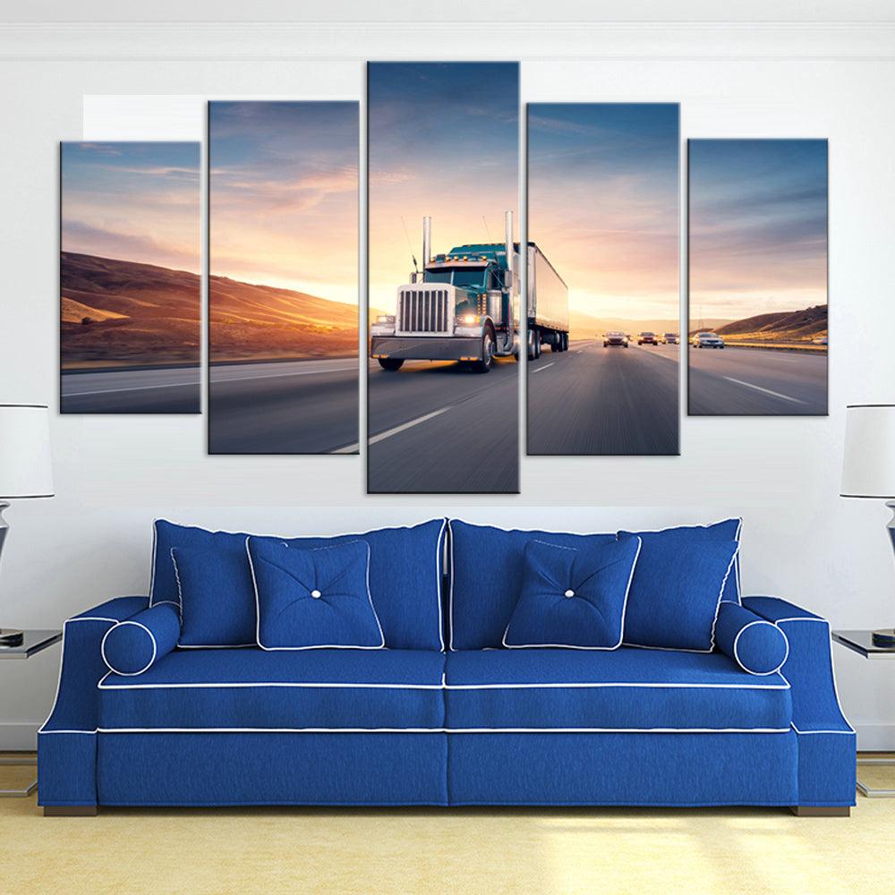 Semi Truck Big Rig On The Highway 5 Panel Canvas Print Wall Art - GotItHere.com