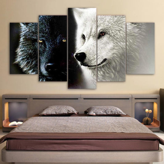Black Wolf White Wolf 5 Panel Canvas Print Wall Art - GotItHere.com