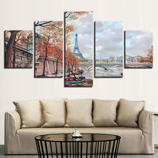 Seine Eiffel Tower Paris France Painting 5 Panel Canvas Print Wall Art - GotItHere.com