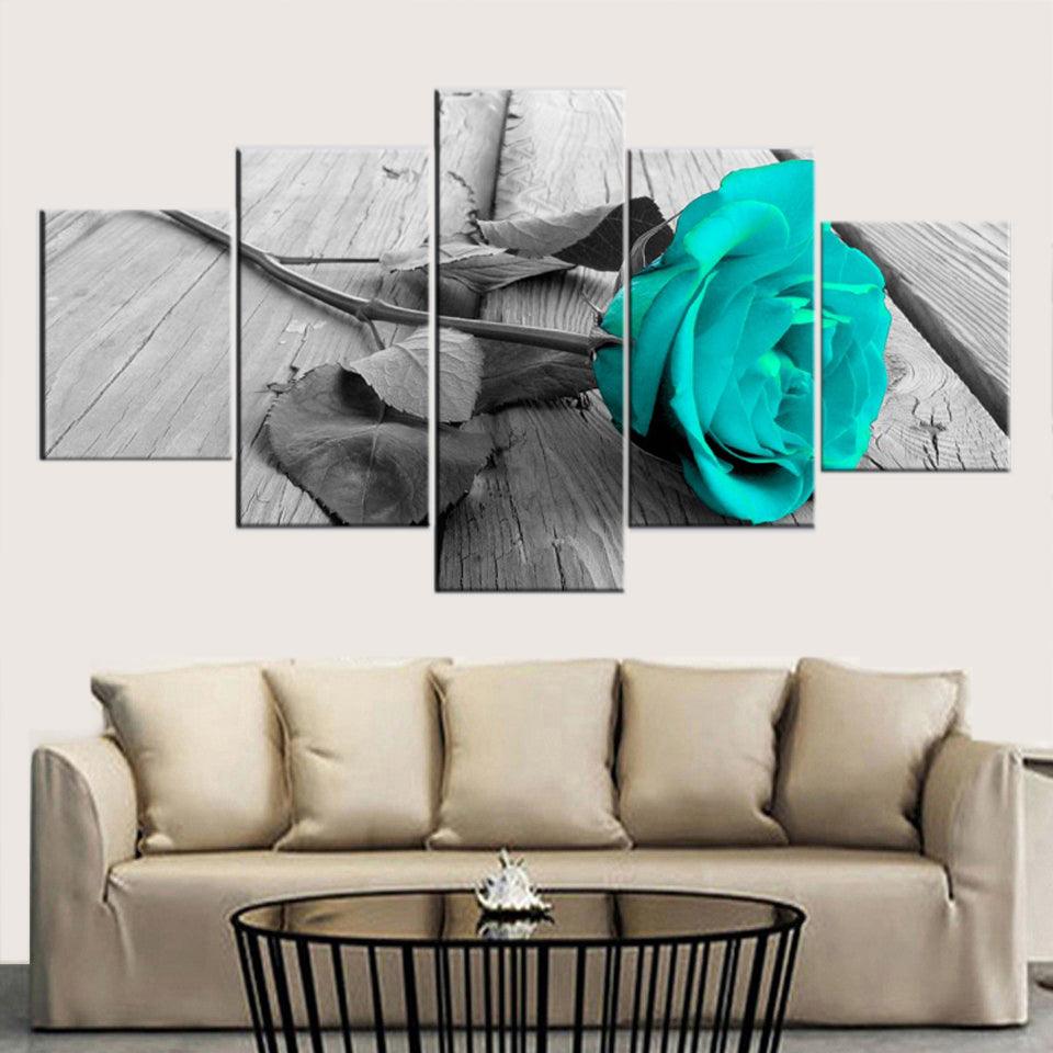 Teal Rose On Wood Deck 5 Panel Canvas Print Wall Art - GotItHere.com