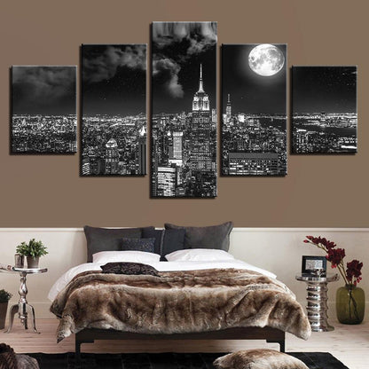 New York City Under The Full Moon 5 Panel Canvas Print Wall Art - GotItHere.com