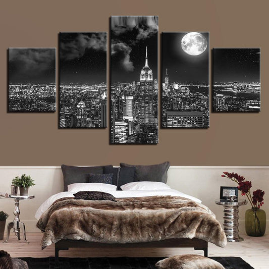 New York City Under The Full Moon 5 Panel Canvas Print Wall Art - GotItHere.com