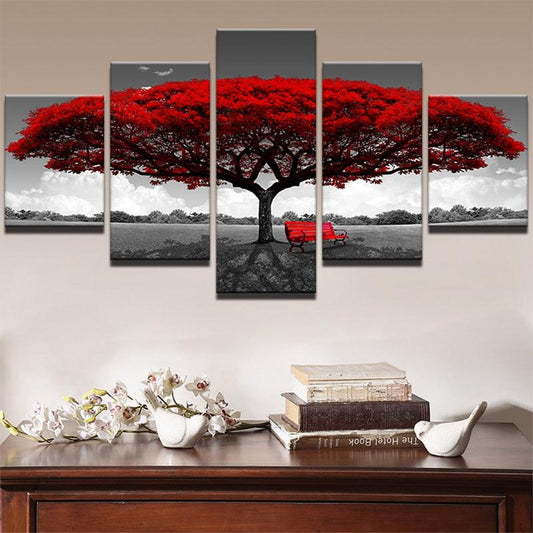 Red Tree On Black And White Field 5 Panel Canvas Print Wall Art - GotItHere.com
