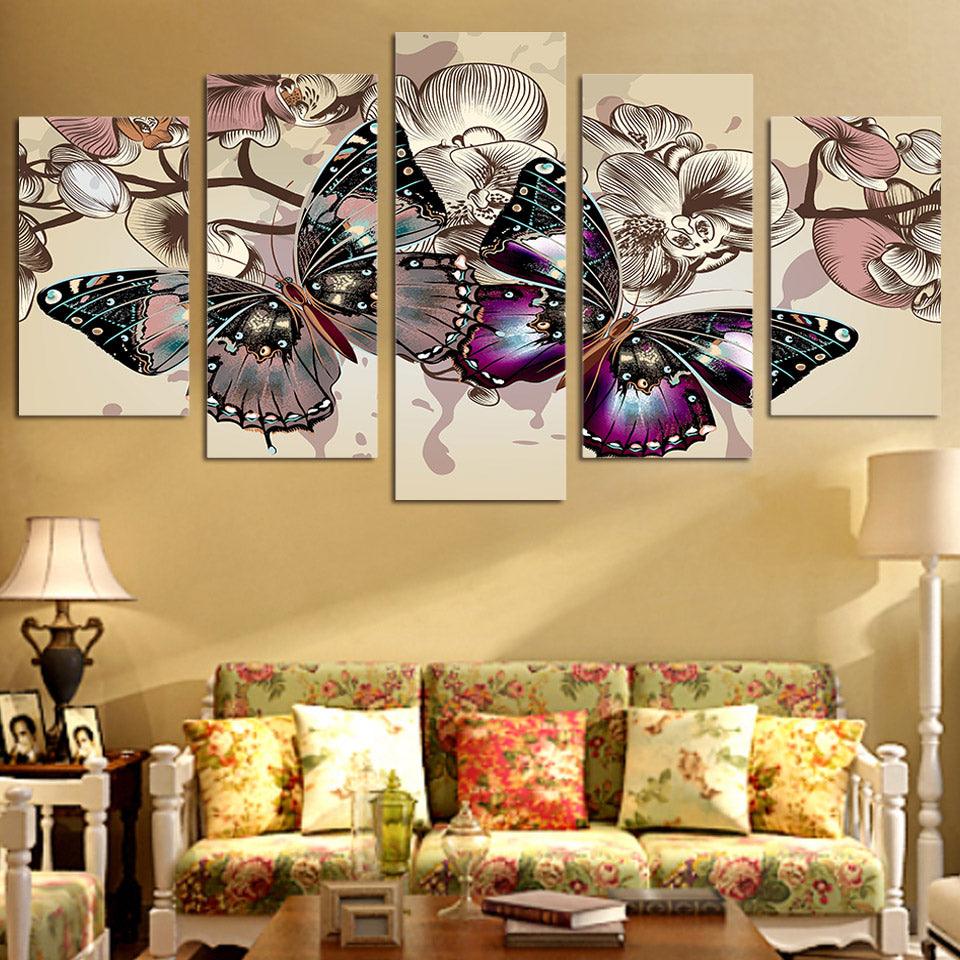Butterflies And Flowers Butterfly 5 Panel Canvas Print Wall Art - GotItHere.com