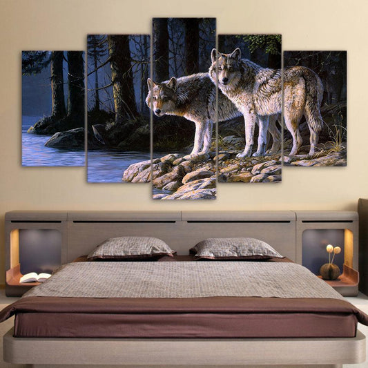 Wolves In Forest 5 Panel Canvas Print Wall Art - GotItHere.com