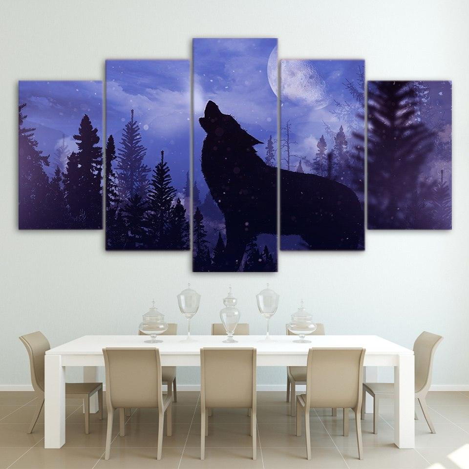 Black Wolf Howling At Night 5 Panel Canvas Print Wall Art - GotItHere.com