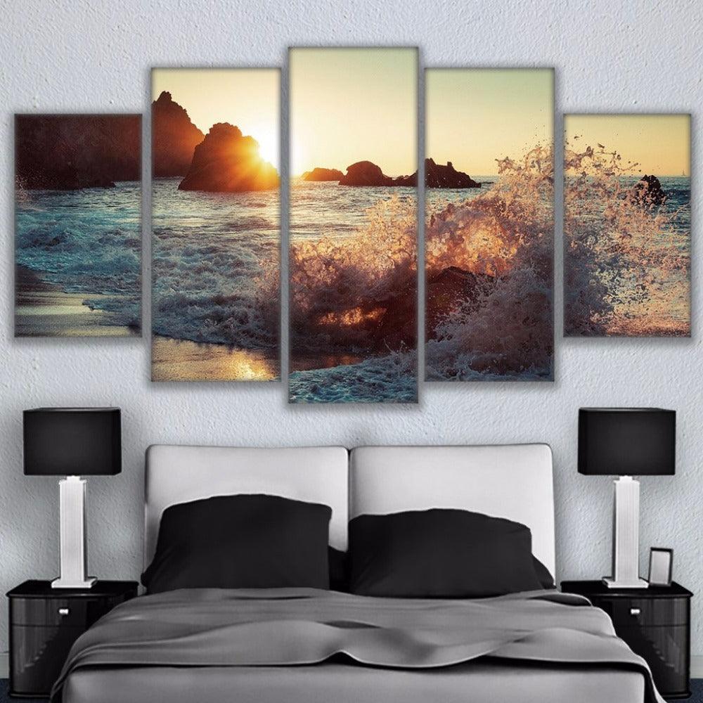 Sunset On Rocky Beach 5 Panel Canvas Print Wall Art - GotItHere.com