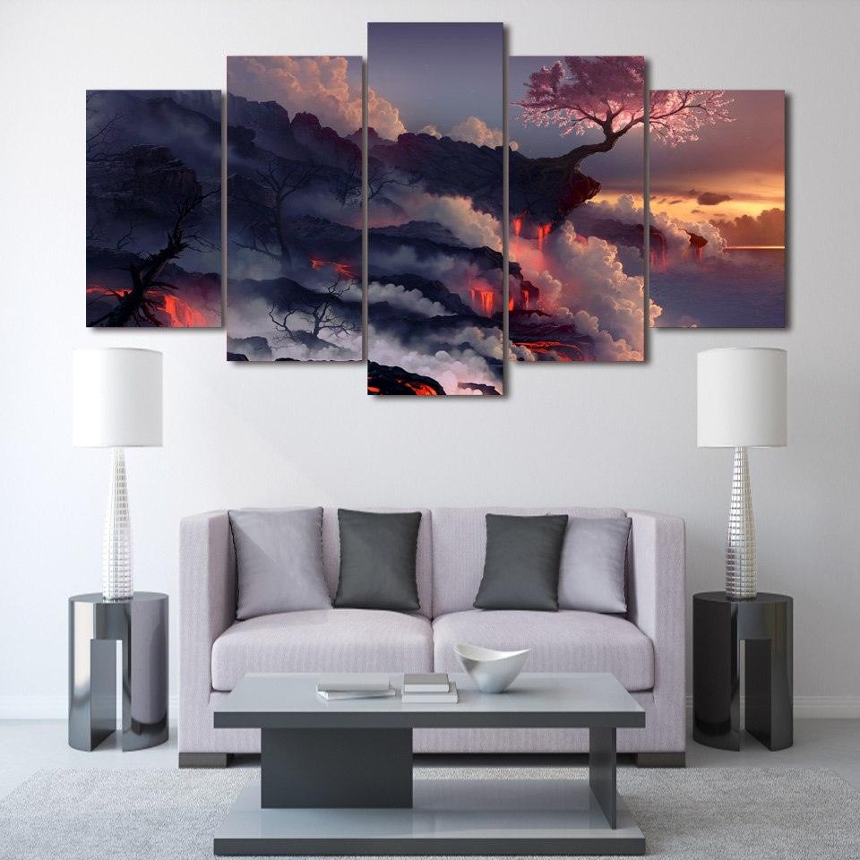 Cherry Tree In Bloom Over Volcano Lava 5 Panel Canvas Print Wall Art - GotItHere.com