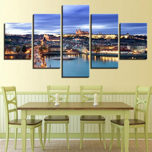 Prague Czech Republic Castle and Vltava Riverfront 5 Panel Canvas Print Wall Art - GotItHere.com