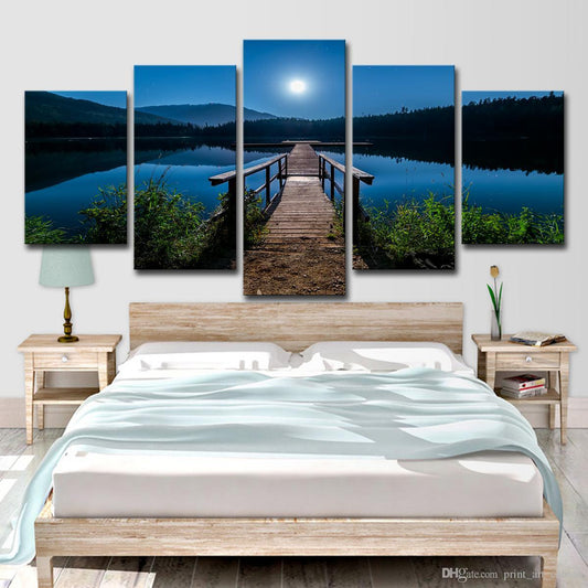 Midnight Moonlight Dock On The Lake 5 Panel Canvas Print Wall Art - GotItHere.com