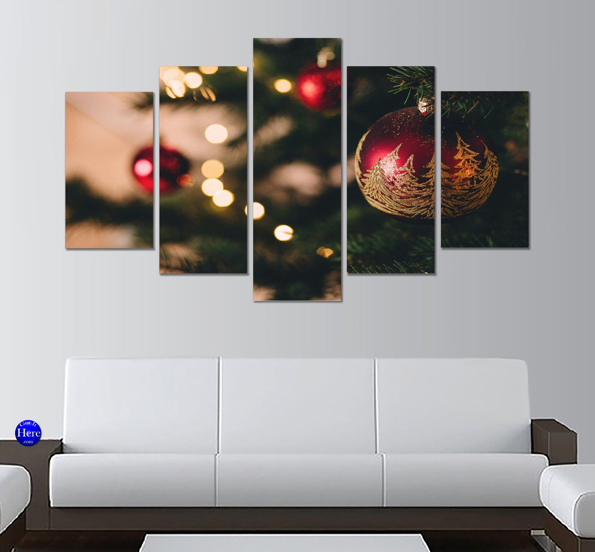 Red Bauble On Christmas Tree 5 Panel Canvas Print Wall Art - GotItHere.com