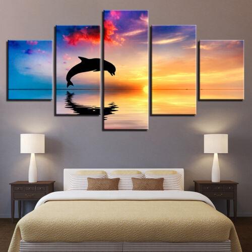 Dolphin Jumps At Sunset Gulf Of Mexico 5 Panel Canvas Print Wall Art - GotItHere.com