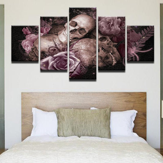 Skulls And Pink Roses 5 Panel Canvas Print Wall Art - GotItHere.com