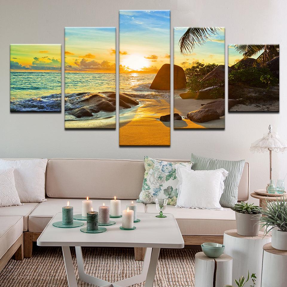 Sunset Beach Palms 5 Panel Canvas Print Wall Art - GotItHere.com