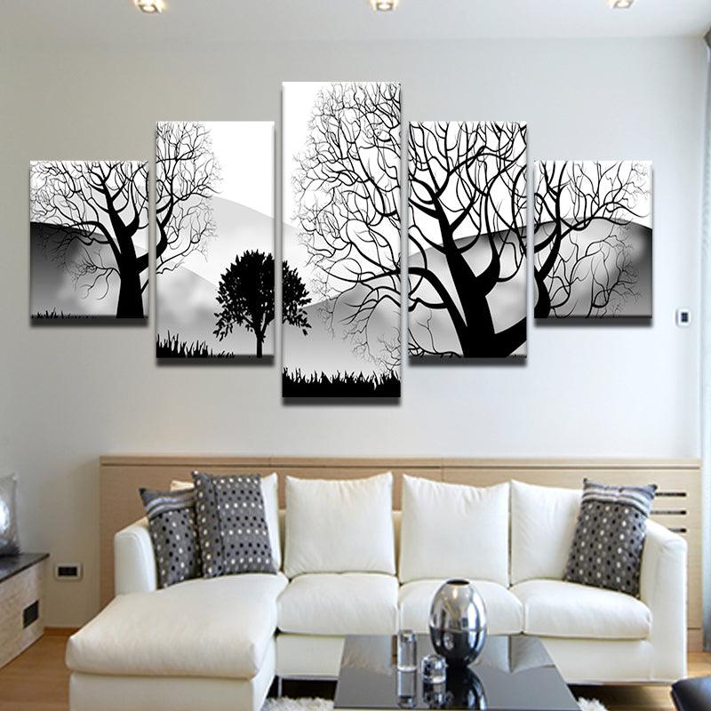 Modern Abstract Trees In Black And White 5 Panel Canvas Print Wall Art - GotItHere.com