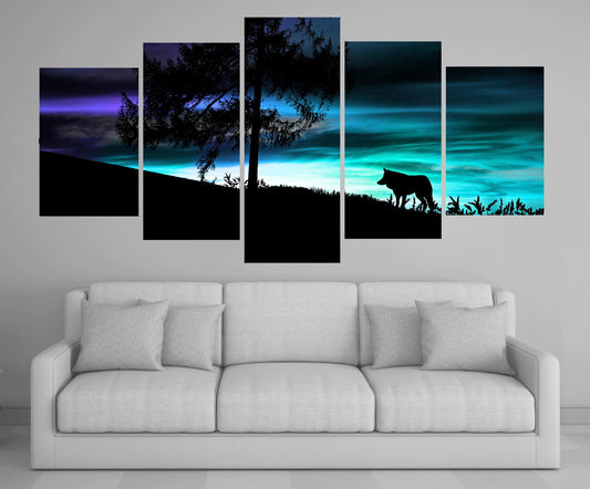 Lone Wolf Watching The Night Sky 5 Panel Canvas Print Wall Art - GotItHere.com