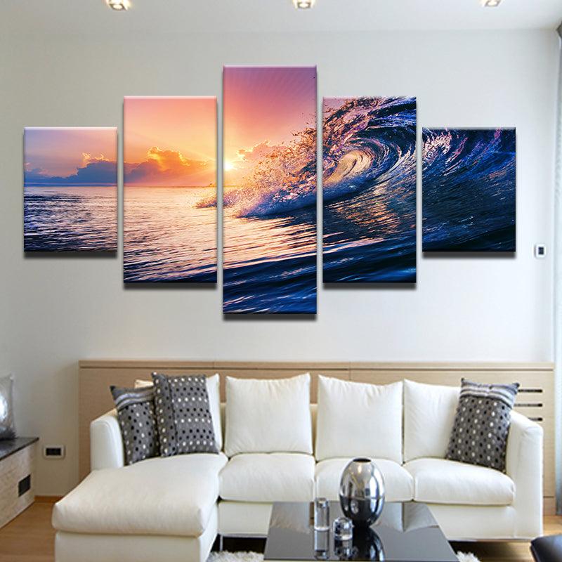 Ocean Wave At Sunset 5 Panel Canvas Print Wall Art - GotItHere.com