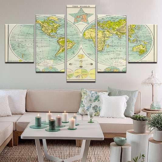 World Map 5 Panel Canvas Print Wall Art - GotItHere.com